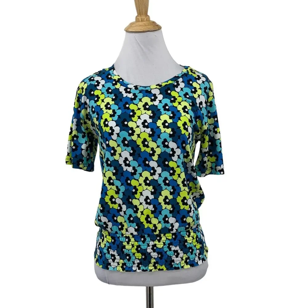 Michael Kors Blouse Womens XS Multi Floral Round Neck Smocked Hem Short Sleeve